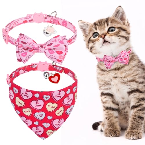 EXPAWLORER Valentines Katzenhalsband mit Glöckchen, niedliches Valentinstag-Halsband mit abnehmbarer Fliege und Bandana, verstellbares Sicherheitshalsband für Mädchen, Jungen, Katzen, 2 Stück von EXPAWLORER