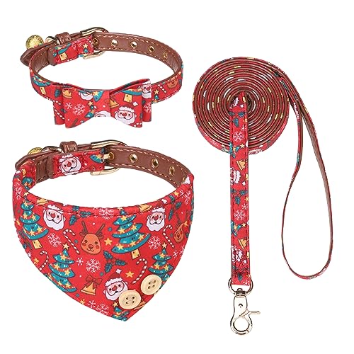 EXPAWLORER Weihnachtliches Hundehalsband und Leine, Set – Fliege und Hundehalstuch mit Glocke, Hundeleine, verheddert sich nicht, verstellbare Halsbänder für kleine, mittelgroße und große Hunde, von EXPAWLORER