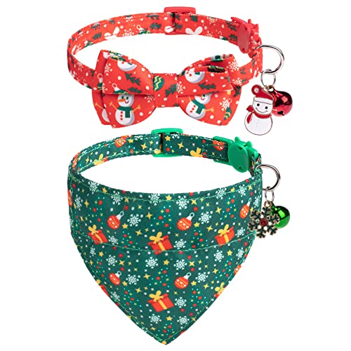 EXPAWLORER Weihnachtliches Katzenhalsband, mit abnehmbarer Fliege und Bandana, 2 Stück, verstellbar, niedliches Kätzchenhalsband mit Schneeflocke und Schneemann-Glocke, Ornamente, für Jungen, Mädchen, von EXPAWLORER