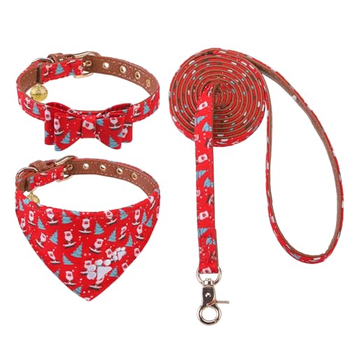 EXPAWLORER Weihnachts-Hundehalsband und Leine, Set mit Stickerei, Hundehalsband und Hundeleine mit Pfotenabdrücken, Fliege und Bandana, Hundehalsband mit Glöckchen, niedliches Halsband und Leine für von EXPAWLORER