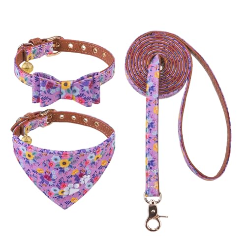 EXPAWLORER Welpenhalsband und Leine, Set mit Stickerei, florales Hundehalsband und Hundeleine, niedliche Blumen-Fliege und Bandana, Hundehalsband mit Glöckchen, Halsband und Leine für Hunde, Katzen, von EXPAWLORER