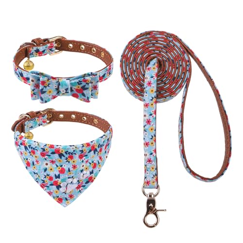 EXPAWLORER Welpenhalsband und Leine, Set mit Stickerei, florales Hundehalsband und Hundeleine, niedliche Blumen-Fliege und Bandana, Hundehalsband mit Glöckchen, Halsband und Leine für Hunde, Katzen, von EXPAWLORER