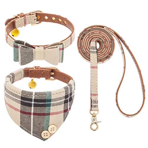 EXPAWLORER Hundehalsband mit Leine - Einstellbarer Hundehalsband mit Tuch Fliege und haltbarer weicher Hundeleine, moderner Halsband und Leine Set für Katze kleine mittelgroße große Hunde, Cream S von EXPAWLORER