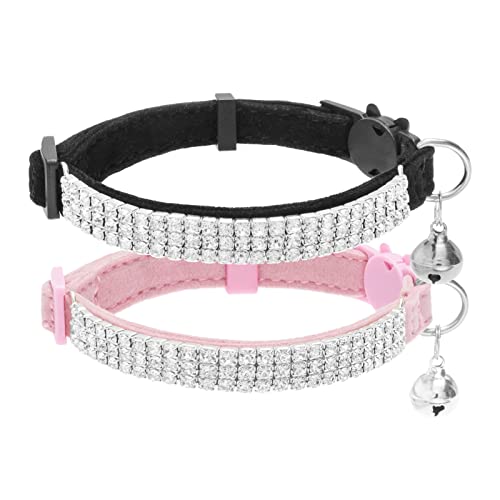 verstellbares Katzen-Halsband mit Glocke und Herzanhänger mit Kristallsteinen, weicher Samtstoff, sicheres Halsband, 20,3-28 cm von EXPAWLORER