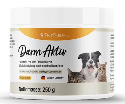 TierPlus Darm Aktiv Pulver für Hunde & Katzen, Probiotika & Präbiotika für eine gesunde Darmflora- Nach Durchfall, Wurmkur, Antibiotika & Magen- Darm von EXVital