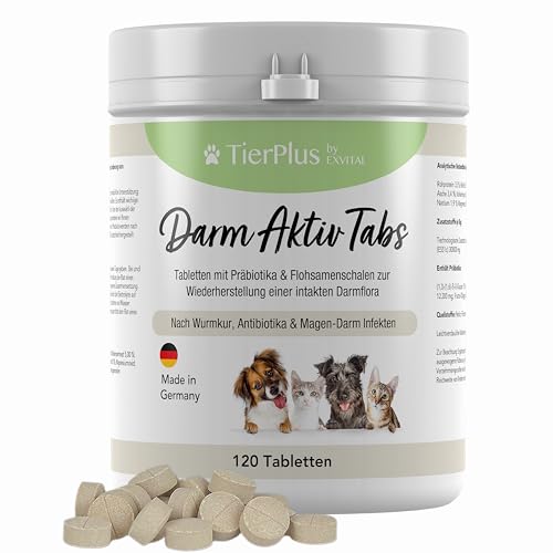 EXVital TierPlus Darm Aktiv Tabletten für Hunde & Katzen, Präbiotika Komplex für eine gesunde Darmflora- Nach Durchfall, Wurmkur, Antibiotika & Magen-Darm Infekten, 120 Tabletten, Made in Germany von EXVital