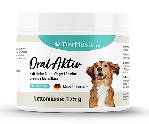 EXVital TierPlus Zahnpflege Pulver für Hunde, 175g Dose bei Zahnstein, gelben Zähnen, Mundgeruch & Plaque - Natürliche Zahnreinigung & Mundpflege für den Hund von EXVital