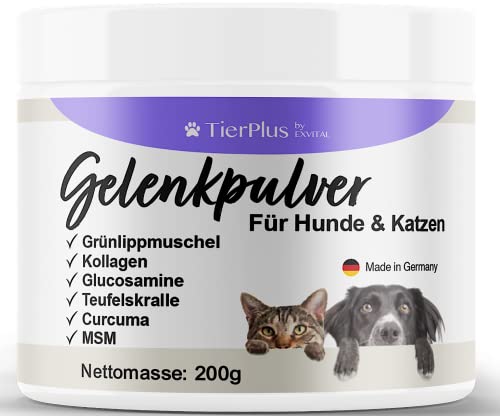 TierPlus Gelenkpulver für Hunde & Katzen, mit Grünlippmuschel, MSM, Kollagen, Glucosamin, Teufelskralle, Curcuma. Mehr Bewegungsfreude, Hohe Fressakzeptanz, 200g Pulver, hochdosiert & Made in Germany von EXVital