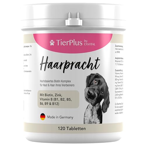 TierPlus Haarpracht, hochdosiertes Biotin Komplex für Hunde, gegen Haarausfall, Juckreiz & trockene Haut- Für EIN glänzendes Fell & schöne Haut, 120 Tabletten von EXVital