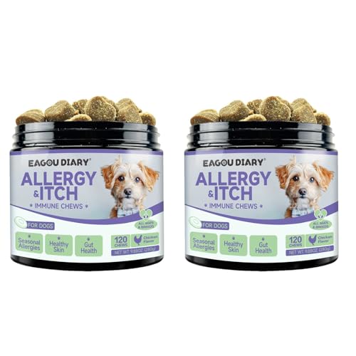 Eagou Diary 2er-Pack Kautabletten für Hunde – Nahrungsergänzungsmittel gegen Juckreiz und Allergien für Hunde mit Omega 3, Kolostrum, Taurin – 240 Stück von Eagou Diary