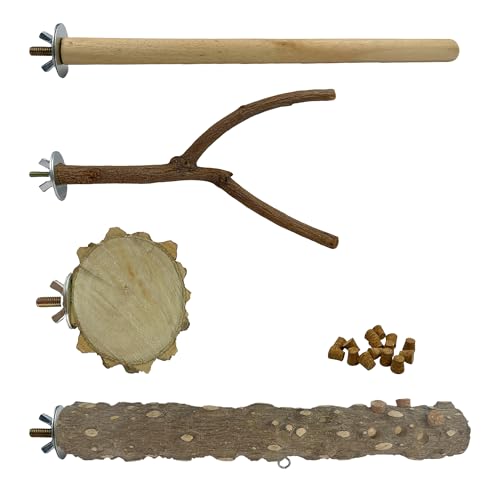 Ealacritas 4-teiliges Papageien-Sitzstangen-Set, 25 cm, Kiefer und Pfefferholz mit kaubarem Stopfen, Y-förmige Holzstange und Pfefferholzplattform, für kleine bis mittelgroße Vögel, Käfigzubehör von Ealacritas