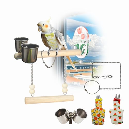 Saugnapf Schaukel Sitzstange für Vögel, ideal für Fenstersitzstange, Autoreise und Vogelbaden, 5-teiliges Anfänger-Set (ZX-PS-Swing) von Ealacritas