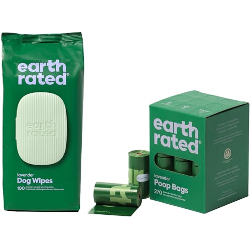 Earth Rated Hundekotbeutel, garantiert auslaufsichere und extra dicke Abfallsäcke Nachfüllrollen für Hunde, Lavendelduft, 270 Stück, mit Earth Rated Feuchttücher für Hunde, Lavendelduft, 100 Stück von Earth Rated