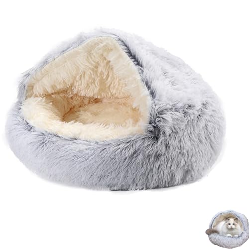 Argotopia Dog Bed, Argotopia Pet Bed, Dog Bed Round, Calming Dog Beds & Cat Cave Bed with Hooded Cover, Cat Bed Hooded for Indoor Cats, Anti Slip Plush Faux Fur Enclosed Pet Nest (L(60 * 60cm),Gray) von EasPowest