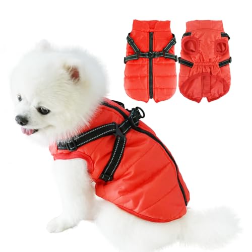 EASTLION Hundebekleidung Hundemantel wasserdichte Winterjacke Warme Weste Hundebekleidung Hundejacke mit Hundegeschirr Reflektierende Hundemäntel, Rot und Schwarz, Größe für S-2XLRot,Größe 2XL von Eastlion