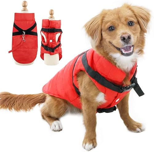 EASTLION Hundebekleidung Hundemantel wasserdichte Winterjacke Warme Weste Hundebekleidung Hundejacke mit Hundegeschirr Reflektierende Hundemäntel, Rot und Schwarz, Größe für S-2XLRot,Größe 2XL von Eastlion