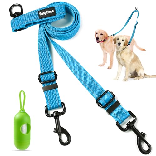 Doppelte Hundeleine, Multifunktionale Heavy Duty 360° Tangle Free Blau Zwei Hundeleine, Verstellbare Reflektierende Nylon Hundeleine für 2 Hunde mit Reflexstreifen von EasyEase