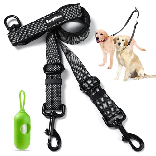 Doppelte Hundeleine, Multifunktionale Heavy Duty 360° Tangle Free Schwarz Zwei Hundeleine, Verstellbare Reflektierende Nylon Hundeleine für 2 Hunde mit Reflexstreifen von EasyEase