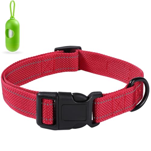 Hundehalsband 2,5 cm Breit Reflektierend Nylon Hundehalsbänder Rot Verstellbares Hundehalsband mit Schnalle für Mittlere und Große Hunde von EasyEase