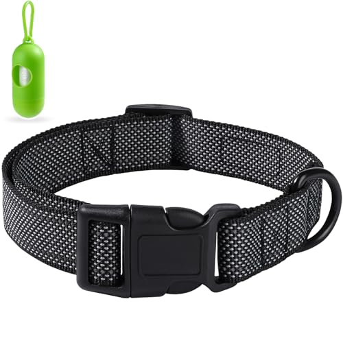 Hundehalsband 2,5 cm Breit Reflektierend Nylon Hundehalsbänder Schwarz Verstellbares Hundehalsband mit Schnalle für Mittlere und Große Hunde von EasyEase