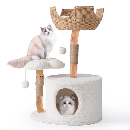 Easyego Moderner Katzenbaum Turm für große Katzen mit saisonaler Universalmatte, Holz Katzenbaum Indoor Nutzung, Echter Ast Luxus Katzenhaus mit Kratzbaum, Versteckgehege für Katzenliebhaber von Easyego