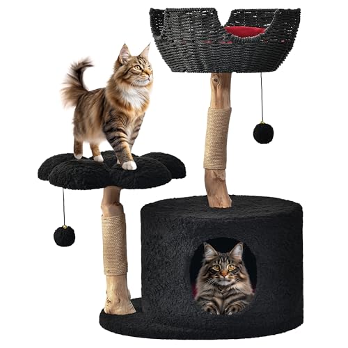 Easyego Moderner Katzenbaum für Indoor-Katzen, große Erwachsene, ästhetischer Holz-Katzenturm mit Kratzbaum, handgewebter Korb und Blumenplattform und Katzenhütte für große Katzen, Schwarz von Easyego