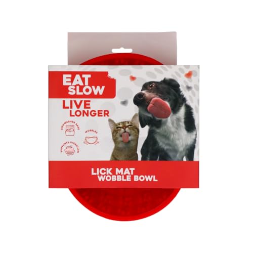 Eat Slow Live Longer Licking Mat Wiggle Bowl Pawprints - ø17 cm - Schnüffelmatte - Anti-Schnüffelnapf - Slowfeeder - Belohnung - Hunde und Katzen - für Leckerlis - Antischlingnapf - Rot von Eat Slow Live Longer