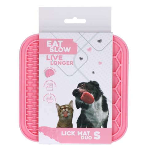 Eat Slow Live Longer Duo Leckmatte - 15 x 15 cm - Quadratisch - Schnüffelmatte - Anti-Schnüffelmatte - Slowfeeder - 100% Silikon - Spülmaschinenfest - Größe S - Antischlingnapf - Rosa von Eat Slow Live Longer