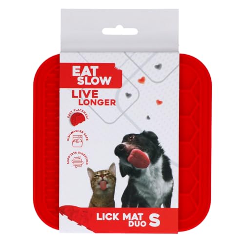 Eat Slow Live Longer Duo Leckmatte - 15 x 15 cm - Quadratisch - Schnüffelmatte - Anti-Schnüffelmatte - Slowfeeder - 100% Silikon - Spülmaschinenfest - Größe S - Antischlingnapf - Rot von Eat Slow Live Longer