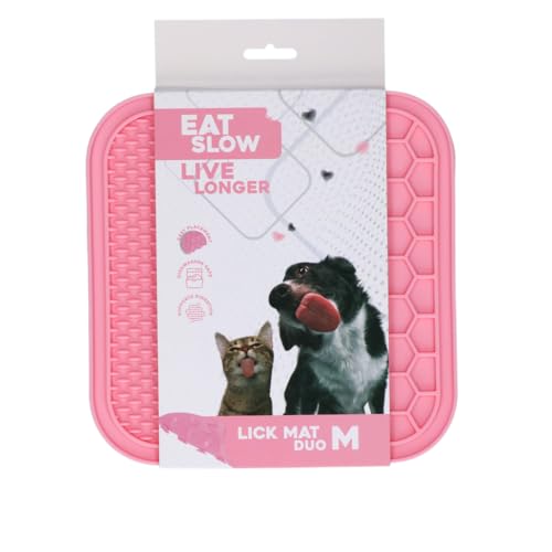 Eat Slow Live Longer Duo Leckmatte - 21 x 21 cm - Quadratisch - Schnüffelmatte - Anti-Schnüffelmatte - Slowfeeder - 100% Silikon - Spülmaschinenfest - Größe M - Antischlingnapf - Pink von Eat Slow Live Longer