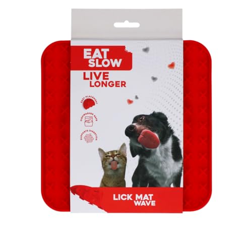 Eat Slow Live Longer Leckmatte - 20 x 20 cm - Schnüffelmatte - Anti-Schnüffelmatte - Slowfeeder - mit Welle - Zwei Muster - 100% Silikon - spülmaschinenfest - Rot von Eat Slow Live Longer