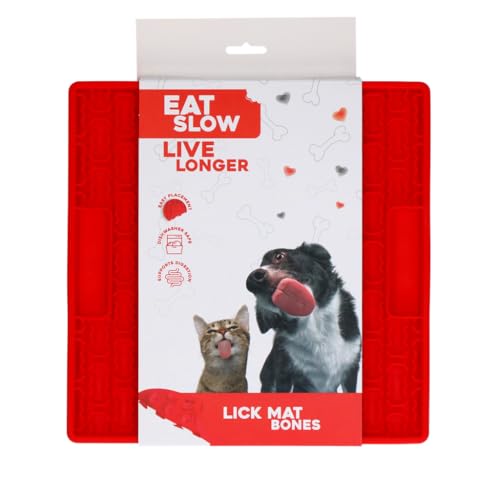 Eat Slow Live Longer Leckmatte - 21 x 21 cm - Quadratisch - Schnüffelmatte - Slowfeeder - Ablenkung - Hunde und Katzen - für Schmiermittel und Brocken - Knochenmuste - Rot von Eat Slow Live Longer