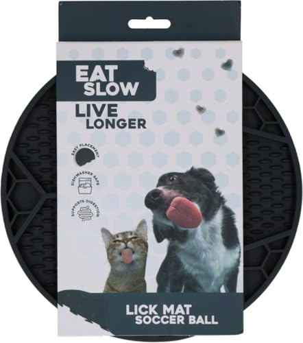 Eat Slow Live Longer Leckmatte - Ø 22 cm - Slow Feeder - Anti Scratch - Futtermatte - Leckschale - Für Nassfutter und Brocken - Spülmaschinenfest - Fußball - rutschfest - Schwarz von Eat Slow Live Longer