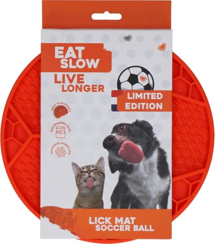 Eat Slow Live Longer Leckmatte - Ø 22 cm - Slow Feeder - Anti Scratch - Futtermatte - Leckschale - Für Nassfutter und Brocken - Spülmaschinenfest - Fußball - rutschfest - Orange von Eat Slow Live Longer