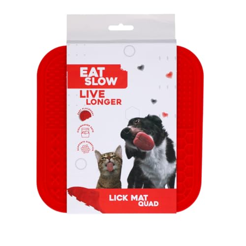 Eat Slow Live Longer Leckmatte Quartett - 20 x 20 cm - Schnüffelmatte - Anti-Schnüffelmatte - Slowfeeder - 100% Silikon - spülmaschinenfest - Antischlingnapf - Rot von Eat Slow Live Longer