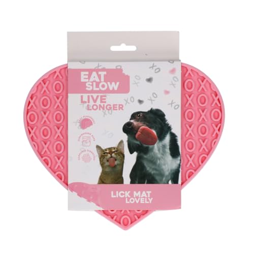 Eat Slow Live Longer Leckmatte in Herzform - 19 x 23 cm - Anti-Schnüffelmatte - Slow Feeder - Schnüffelmatte - 100% Silikon - Spülmaschinenfest - Für Hund oder Katze - Rosa von Eat Slow Live Longer