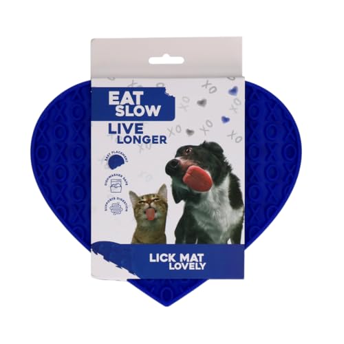 Eat Slow Live Longer Leckmatte in Herzform - 19 x 23 cm - Anti-Schnüffelmatte - Slow Feeder - Schnüffelmatte - 100% Silikon - spülmaschinenfest - für Hund oder Katze - Antischlingnapf - Blau von Eat Slow Live Longer