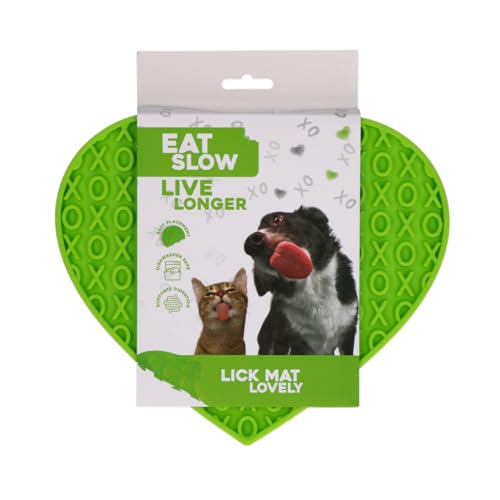 Eat Slow Live Longer Leckmatte in Herzform - 19 x 23 cm - Anti-Schnüffelmatte - Slow Feeder - Schnüffelmatte - 100% Silikon - spülmaschinenfest - für Hund oder Katze - Grün von Eat Slow Live Longer