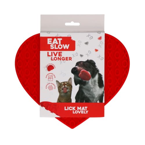 Eat Slow Live Longer Leckmatte in Herzform - 19 x 23 cm - Anti-Schnüffelmatte - Slow Feeder - Schnüffelmatte - 100% Silikon - spülmaschinenfest - für Hund oder Katze - Rot von Eat Slow Live Longer