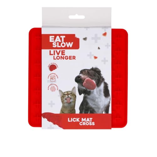 Eat Slow Live Longer Licking Mat Crosses - 19x19cm - Quadratisch - Schnüffelmatte - Anti-Schnüffelmatte - Slow Feeder - Ablenkung - Hunde und Katzen - Spülmaschinenfest - Antischlingnapf - Rot von Eat Slow Live Longer