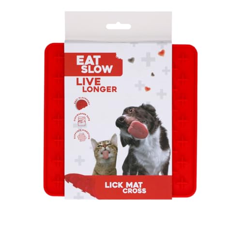 Eat Slow Live Longer Licking Mat Crosses - 19 x 19 cm - Quadratisch - Schnüffelmatte - Anti-Schnüffelmatte - Langsam Essen - Ablenkung - Hunde und Katzen - 100% Silikon - Spülmaschinenfest - Rot von Eat Slow Live Longer