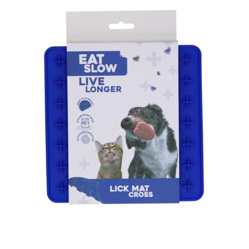 Eat Slow Live Longer Licking Mat Crosses - 19 x 19 cm - Quadratisch - Schnüffelmatte - Anti-Schnüffelmatte - Langsam Essen - Ablenkung - Hunde und Katzen - 100% Silikon - Spülmaschinenfest - Blau von Eat Slow Live Longer