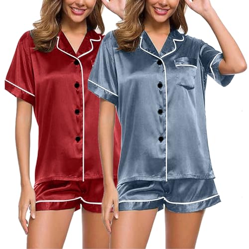 2pc Musselin Schlafanzug Damen, Damen Pyjama Sommer, Pyjamas Shorty Zweiteiliger Nachtwäsche mit Knopf Revers Loungewear Leichte Kurzarm Nachthemd und Pyjamahose Schlafoverall Einfarbiges 2024 von Eauptffy