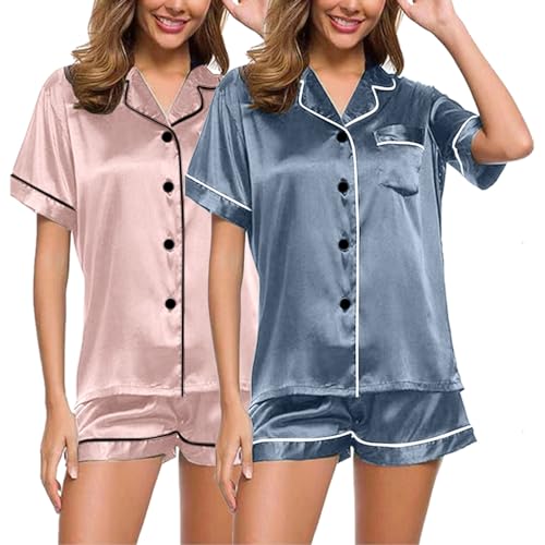 2pc Satin Schlafanzug Damen, Pjama Set für Damen, Pjs Shorty Zweiteiliger Nachtwäsche Set Turnup mit Knopf Nightwear Casual Leichte Kurzarm Top und Pyjamahose Nachtkleid Einfarbiges Halloween von Eauptffy