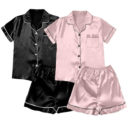 2pc Schlafanzug Damen Satin, Musselin Pyjama Damen, Pyjamas Shorty Zweiteilige Nachtwäsche Revers mit Knopfleiste Nachtkleidung Lounge Leichte Kurzarm T Shirt und Shorts Negligé Solide Sommer von Eauptffy