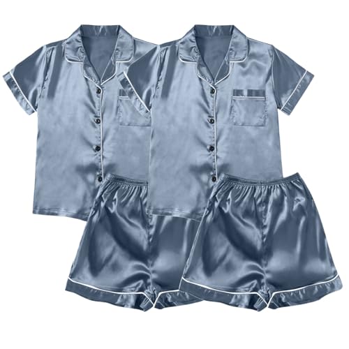 2pc Schlafanzug Kurz Damen, Damen Shorty Pyjama Kurz, Pyjamas Set Zweiteiliges Shorty Nachtwäsche mit Knöpfe Revers Homewear Leicht Kurzarm Shirt und Schlafshorts Nachtkleid Einfarbiger Sommer von Eauptffy