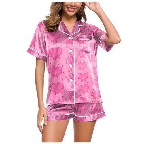 Damen Schlafanzug, Damen Pyjama Kurz, Schlafanzüge Zweiteiliges Shorty Nachtwäsche Set mit Knopf Reverskragen Nightwear Leicht Lässige Kurzarm Sleepshirt und Schlafhose Schlafoverall Drucken 2024 von Eauptffy