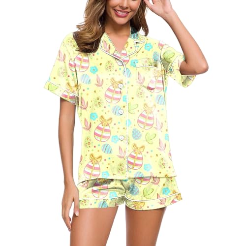 Damen Schlafanzug, Damen Shorty Pyjama Kurz, Pyjama-Set Kurz Zweiteiler Nachtwäsche Umlegekragen mit Knöpfen Homewear Weich Beiläufig Kurzarm T Shirt und Pyjamahosen Bademantel Drucken Halloween von Eauptffy