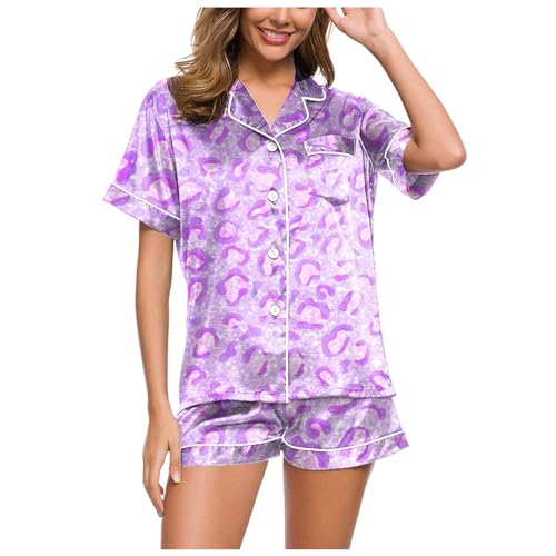 Damen Schlafanzug, Musselin Pyjama Damen, Pyjama-Set Zweiteiliger Kurz Nachtwäsche Set Reverskragen mit Knopf Loungewear Lässiges Leicht Kurzarm Oberteil und Kurze Hose Schlafoverall Gedruckte 2024 von Eauptffy