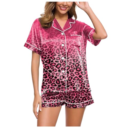 Damen Schlafanzug, Musselin Pyjama Damen, Pyjama-Set Zweiteiliger Kurz Nachtwäsche Set Reverskragen mit Knopf Loungewear Lässiges Leicht Kurzarm Oberteil und Kurze Hose Schlafoverall Gedruckte 2024 von Eauptffy